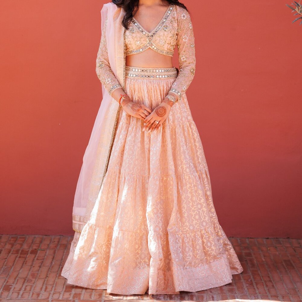 Neha Khullar Chanderi Silk Embroidered Lehenga Set: Customized in PEACH - Picture 8 of 8